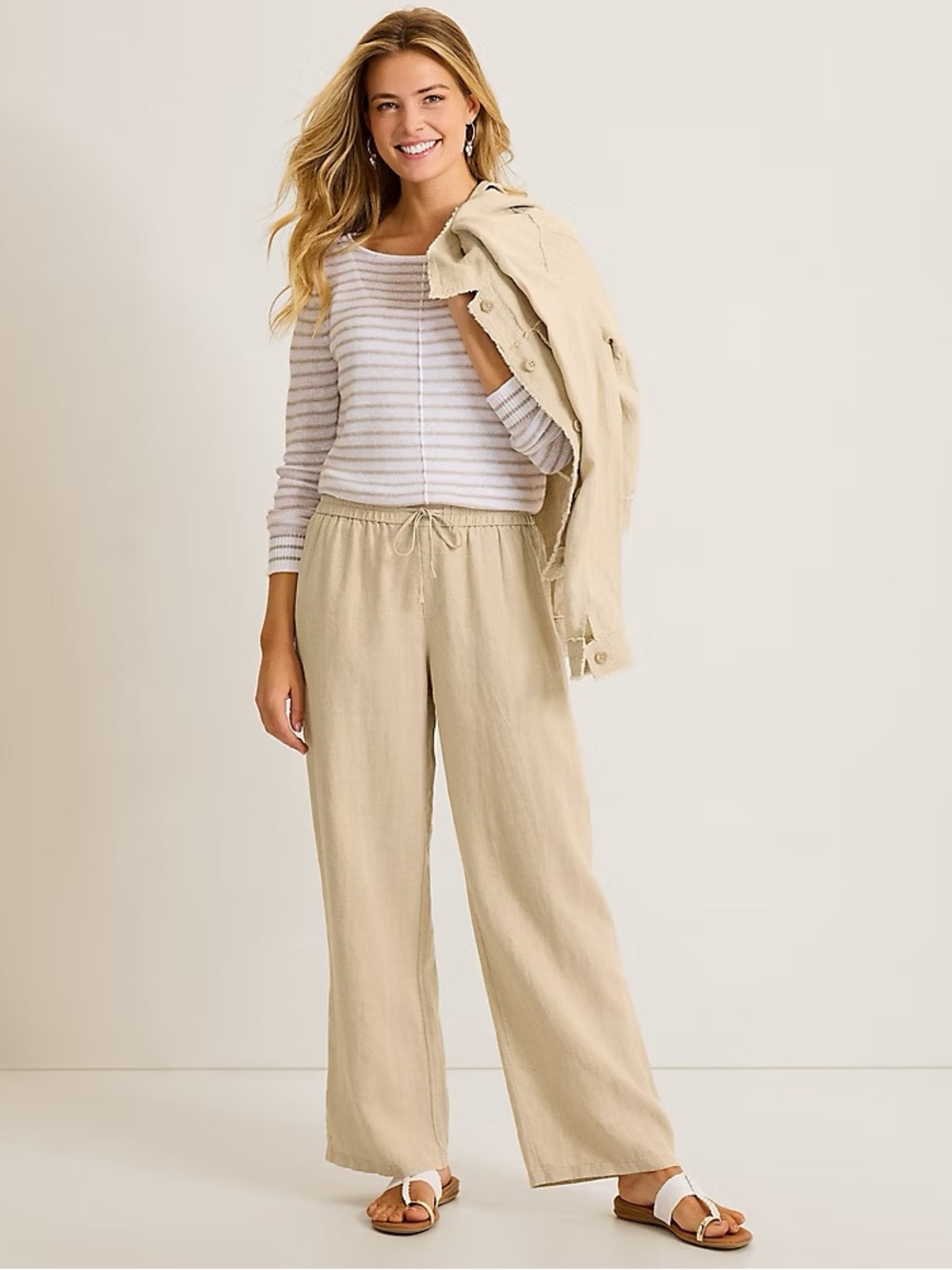 Tommy Bahama Cream Wide-Leg Linen Drawstring Pants